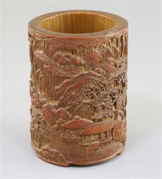 A Chinese bamboo brush pot, h. 12.8cm